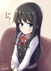 Rule 34 | 1girl, asashio (kancolle), asashio kai ni (kancolle), beige background, black hair, blue eyes, commentary request, couch, dress, highres, kantai collection, long hair, long sleeves, looking at viewer, one-hour drawing challenge, pinafore dress, shirt, simple background, sitting, sleeveless, sleeveless dress, solo, soramuko, upper body, white shirt