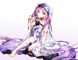 Rule 34 | 1girl, absurdly long hair, armlet, bare shoulders, barefoot, blush, commentary request, dress, euryale (fate), fate/hollow ataraxia, fate (series), feet, finger to mouth, flower, full body, hair flower, hair ornament, hairband, headdress, highres, jewelry, lolita hairband, long hair, looking at viewer, maid headdress, purple eyes, purple hair, smile, solo, thighlet, toes, tsukasa kinako, twintails, very long hair, white dress