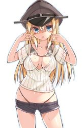 Rule 34 | 10s, 1girl, alternate costume, bikini, bikini under clothes, bismarck (kancolle), blonde hair, blue eyes, blush, breasts, cleavage, hat, highleg, highleg bikini, highleg swimsuit, highres, kantai collection, large breasts, long hair, looking at viewer, military hat, navel, ohta yuichi, open mouth, peaked cap, ribbed shirt, shirt, short shorts, shorts, simple background, solo, striped bikini, striped clothes, sweat, swimsuit, swimsuit under clothes, white background