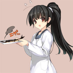 Rule 34 | 10s, 1girl, apron, black hair, brown background, collarbone, fish, isokaze (kancolle), kantai collection, kappougi, long sleeves, naruse hirofumi, open mouth, plate, ponytail, red eyes, shirt, simple background, solo, upper body, white shirt, x x