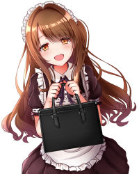Rule 34 | 1girl, :d, alternate costume, apron, bag, black ribbon, blush, brown dress, brown hair, buttons, collared dress, dress, dutch angle, enmaided, frilled apron, frills, hair between eyes, hair intakes, half-closed eyes, hands up, highres, holding, holding bag, idolmaster, idolmaster cinderella girls, idolmaster cinderella girls starlight stage, long hair, looking at viewer, maid, maid headdress, monaka curl, neck ribbon, one side up, open mouth, orange eyes, puffy short sleeves, puffy sleeves, ribbon, round teeth, shimamura uzuki, short sleeves, sidelocks, simple background, smile, solo, swept bangs, tareme, teeth, white apron, white background