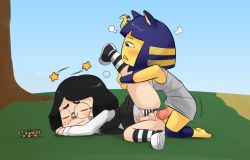 Rule 34 | 1boy, 1girl, anal, animal crossing, ankha (animal crossing), bare arms, bare shoulders, black legwear, blue sky, blush, breasts, bug, cat, clear sky, closed eyes, closed mouth, clothed sex, clothing aside, day, dress, erection, freckles, full body, furry, futa with male, futanari, glasses, interspecies, kneeling, long sleeves, lying, male penetrated, maximumpingas, multiple penises, nintendo, on side, outdoors, panties, panties aside, penis, profile, rape, sex, shoe soles, shoes, sky, spider, star (symbol), striped clothes, striped legwear, striped panties, testicles, trap, uncensored, unconscious, underwear, villager (animal crossing), wavy mouth
