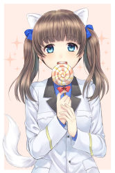 Rule 34 | 10s, 1girl, animal ears, blue eyes, brave witches, brown hair, candy, georgette lemare, hair ribbon, holding, lollipop, long hair, looking at viewer, military, military uniform, open mouth, ribbon, simple background, solo, sparkle, strike witches, tail, totonii (totogoya), twintails, uniform, world witches series