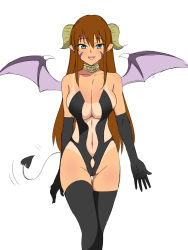 Rule 34 | 1girl, :d, black gloves, black thighhighs, blue eyes, breasts, cleavage, dark-skinned female, dark skin, demon girl, demon horns, demon tail, demon wings, elbow gloves, fang, gloves, highleg, highres, horns, kagemusha, large breasts, long hair, looking at viewer, navel, one-piece tan, open mouth, original, pointy ears, simple background, smile, solo, tail, tan, tanline, thighhighs, twintails, white background, wings