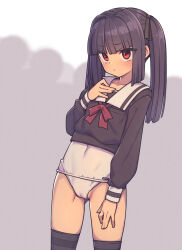 Rule 34 | 1girl, 6+others, black ribbon, black serafuku, black thighhighs, blush, cameltoe, closed mouth, collarbone, commentary, covered navel, everyntrge, gluteal fold, hair ribbon, hand on own chest, highres, long hair, looking ahead, multiple others, one-piece swimsuit, original, purple hair, red eyes, red ribbon, ribbon, sailor collar, school uniform, serafuku, shadow, sidelocks, solo focus, standing, swimsuit, thighhighs, twintails, white background, white one-piece swimsuit, white sailor collar
