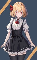 Rule 34 | 1girl, absurdres, black dress, blonde hair, center frills, dress, frills, hair ribbon, highres, medium hair, ody kishi, outstretched arms, puffy short sleeves, puffy sleeves, red eyes, red ribbon, ribbon, rumia, shirt, short dress, short sleeves, solo, spread arms, thighhighs, touhou, white shirt