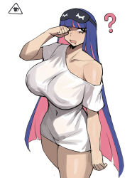 Rule 34 | 1girl, :d, ?, artist logo, bags under eyes, breasts, commentary, covered erect nipples, covered navel, donburi (donburikazoku), english commentary, highres, huge breasts, large breasts, long hair, navel, nipples, off-shoulder shirt, off shoulder, open mouth, panty &amp; stocking with garterbelt, pink hair, purple hair, shirt, single bare shoulder, sketch, sleep mask, smile, stocking (psg), unfinished, very long hair, waking up, white background, white shirt