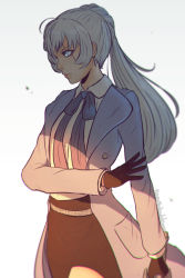 Rule 34 | 1girl, arm at side, black gloves, black skirt, blue bow, blue eyes, blurry, bow, closed mouth, cowboy shot, gloves, grey background, holding, holding sword, holding weapon, jacket, koyorin, long hair, long sleeves, looking away, aged up, ponytail, rwby, sash, scar, scar across eye, scar on face, shade, shirt, silver hair, skirt, solo, sword, watermark, weapon, web address, weiss schnee, white shirt