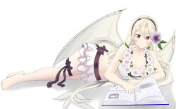 Rule 34 | 1girl, absurdres, armpits, artist request, barefoot, bikini, bikini skirt, black hairband, book, bow, bow bikini, breasts, cleavage, clenched hands, collarbone, corrin (female) (fire emblem), corrin (female) (summer) (fire emblem), corrin (fire emblem), dragon girl, dragon tail, dragon wings, eyelashes, feet, female focus, fingernails, fire emblem, fire emblem fates, fire emblem heroes, flower, flower necklace, flower on head, full body, hair between eyes, hair ornament, hairband, happy, highres, index finger raised, intelligent systems, jewelry, legs, legs together, long hair, lying, medium breasts, midriff, navel, neck, necklace, nintendo, official alternate costume, on side, open book, pointy ears, reading, red eyes, sidelocks, simple background, smile, swimsuit, tail, thighlet, thighs, toenails, toes, wavy hair, white background, white bikini, white hair, wings