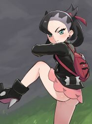 Rule 34 | 1girl, absurdres, ankle boots, ass, asymmetrical bangs, backpack, bag, black footwear, black hair, black jacket, blush, boots, chiwino, closed mouth, cloud, cloudy sky, commentary request, creatures (company), dress, earrings, eyelashes, game freak, grass, green eyes, hair ribbon, highres, jacket, jewelry, leg up, marnie (pokemon), medium hair, nintendo, no panties, outdoors, pink dress, pokemon, pokemon swsh, red bag, red ribbon, ribbon, sky, solo, standing, standing on one leg, throwing