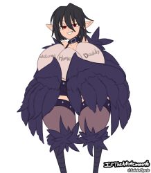 Rule 34 | 1girl, artist name, bird legs, black feathers, black hair, black harpy, black thighhighs, black wings, choker, egg, feathered wings, feathers, half-closed eyes, harpy, highres, holding, holding egg, looking at viewer, monster girl, monster girl encyclopedia, pointy ears, red eyes, saintofspats, short hair, solo, thighhighs, winged arms, wings