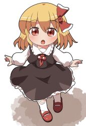 Rule 34 | 1girl, black skirt, black vest, blonde hair, blush, collared shirt, full body, hair ribbon, highres, long sleeves, looking at viewer, open mouth, red eyes, red footwear, red ribbon, ribbon, rokugou daisuke, rumia, shirt, shoes, short hair, signature, simple background, skirt, socks, solo, touhou, vest, white background, white shirt, white socks