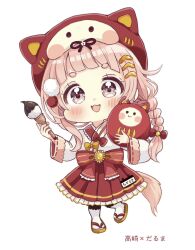 Rule 34 | 1girl, animal ears, animal hat, bow, braid, brown footwear, chibi, commentary request, copyright request, daruma doll, fake animal ears, frilled skirt, frills, full body, hair bow, hair ornament, hairclip, hat, highres, holding, holding paintbrush, japanese clothes, kimono, long hair, long sleeves, paintbrush, pink hair, pleated skirt, red bow, red hat, red skirt, ribbon-trimmed sleeves, ribbon trim, sakura oriko, sandals, short eyebrows, simple background, single braid, skirt, socks, solo, standing, standing on one leg, striped, striped bow, tabi, tail, thick eyebrows, translation request, very long hair, white background, white kimono, white socks, wide sleeves, zouri