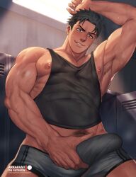 Rule 34 | 1boy, akitaru oubi, arkapami, arm up, bara, black tank top, boxers, bulge, covered abs, en&#039;en no shouboutai, erection, erection under clothes, facial hair, grey male underwear, highres, indoors, large pectorals, legs apart, locker, locker room, male focus, male masturbation, male pubic hair, male underwear, masturbation, muscular, muscular male, nipple slip, nipples, nose, paid reward available, patreon logo, patreon username, pectorals, pubic hair, short hair, sideburns, solo, stubble, sweat, tank top, thick thighs, thighs, underwear, v-shaped eyebrows, watermark, web address
