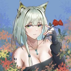 Rule 34 | 1girl, animal ears, arknights, bare shoulders, black gloves, black jacket, breasts, cleavage, commentary request, flower, gloves, green eyes, hair between eyes, hand up, highres, holding, holding flower, jacket, jewelry, kal&#039;tsit (arknights), long hair, long sleeves, looking at viewer, material growth, medium breasts, off-shoulder jacket, off shoulder, oripathy lesion (arknights), parted lips, partial commentary, pendant, red flower, red rose, rose, senamashiro, silver hair, solo, upper body