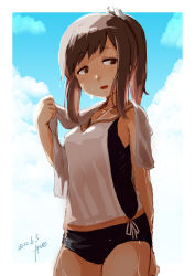 Rule 34 | 1girl, absurdres, black one-piece swimsuit, blue sky, brown eyes, brown hair, cloud, cowboy shot, fyuo, highres, i-401 (kancolle), kantai collection, one-hour drawing challenge, one-piece swimsuit, orange sailor collar, ponytail, sailor collar, school swimsuit, shirt, short hair, short ponytail, side-tie shirt, sky, sleeveless, sleeveless shirt, solo, standing, swimsuit, swimsuit under clothes, tan, towel