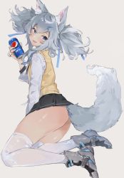 Rule 34 | 1girl, animal ear fluff, animal ears, ass, bad id, bad twitter id, black skirt, blue eyes, blue hair, blush, can, drink can, fang, fox ears, fox tail, girls&#039; frontline, grey background, hair ornament, highres, holding, long hair, long sleeves, official alternate costume, open mouth, pa-15 (girls&#039; frontline), pa-15 (high school thrills) (girls&#039; frontline), pepsi, rippootai, shirt, simple background, skin fang, skirt, soda can, solo, tail, thighhighs, vest, white shirt, white thighhighs, yellow vest