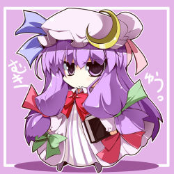 Rule 34 | 1girl, book, chibi, crescent, dress, female focus, hat, holding, holding book, long hair, mukyuu, patchouli knowledge, purple eyes, purple hair, shirogane (platinum), solo, striped, touhou, vertical stripes