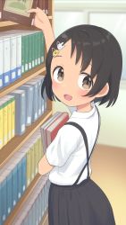 Rule 34 | 1girl, black hair, black skirt, blush, book, book stack, brown eyes, check commentary, commentary request, cowboy shot, dot nose, flower, hair flower, hair ornament, hairclip, hand up, highres, holding, holding book, idolmaster, idolmaster cinderella girls, indoors, looking back, open mouth, pleated skirt, rabbit hair ornament, sasaki chie, shirt, short hair, short sleeves, skirt, smile, solo, suspender skirt, suspenders, white shirt, window, yama tatsuo