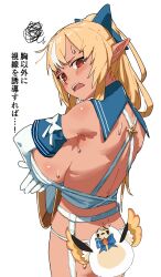 Rule 34 | 1girl, blonde hair, blush, bow, breasts, commentary request, dark-skinned female, dark elf, dark skin, elf, elfriend (shiranui flare), garter belt, highres, hololive, large breasts, long hair, looking at viewer, multicolored hair, open mouth, orange eyes, partially undressed, pointy ears, scribble, shiranui flare, shiranui flare (1st costume), sideboob, simple background, streaked hair, sweat, undressing, uzuradobin, virtual youtuber, white background, white hair