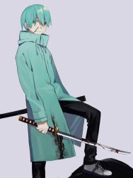 Rule 34 | 1boy, aqua eyes, aqua hair, black pants, blood, blood on clothes, blood on face, bloody weapon, blue coat, closed mouth, coat, grey background, highres, holding, holding sword, holding weapon, katana, long sleeves, male focus, original, pants, scabbard, sheath, shoes, simple background, sneakers, solo, sword, weapon, white footwear, xxxsoiu1