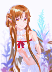 Rule 34 | 1girl, abs, armlet, asuna (sao), bare shoulders, blurry, blurry background, blurry foreground, bow, braid, breasts, brown hair, commentary request, depth of field, elf, eyelashes, film grain, flower, highres, leaning forward, long hair, looking at viewer, medium breasts, navel, open clothes, parted bangs, plant, pointy ears, rapa rachi, red bow, revision, see-through, shiny skin, shirt, sidelocks, signature, simple background, skindentation, smile, solo, sweat, sword art online, titania (sao), underboob, very long hair, white background, white shirt, yellow eyes