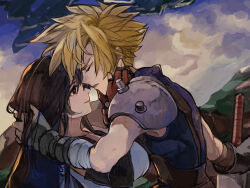 Rule 34 | 1boy, 1girl, aircraft, airship, armor, bare shoulders, black hair, blonde hair, breasts, brown hair, closed eyes, cloud, cloud strife, cloudy sky, couple, detached sleeves, final fantasy, final fantasy vii, fingerless gloves, gloves, hand in another&#039;s hair, hand on another&#039;s head, hands on another&#039;s face, hetero, highres, highwind, large breasts, long hair, looking at another, mountain, outdoors, parted lips, red eyes, red gloves, shoulder armor, sky, smile, spiked hair, sweater, tank top, tifa lockhart, turtleneck, turtleneck sweater, uzutanco, white tank top