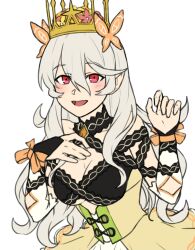 Rule 34 | 1girl, bow, breasts, butterfly hair ornament, celine (fire emblem), celine (fire emblem) (cosplay), corrin (female) (fire emblem), corrin (fire emblem), cosplay, cross-laced clothes, cross-laced dress, crown, dress, fire emblem, fire emblem engage, hair ornament, highres, large breasts, nintendo, orange bow, orange gemstone, orange wristband, princess, red eyes, solo, wrist bow, yellow dress, zuzu (ywpd8853)
