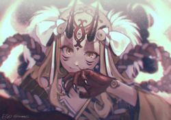 Rule 34 | 1girl, blonde hair, blood, blurry, claws, closed mouth, coin, copyright name, depth of field, facepaint, facial mark, fang, fang out, fate/grand order, fate (series), forehead mark, grin, hair ornament, horns, ibaraki douji (fate), injury, japanese clothes, kimono, light particles, long hair, looking at viewer, nosebleed, off shoulder, oni, oni horns, palms, rope, slit pupils, smile, solo, tomari (veryberry00), twitter username, upper body, wide sleeves, wiping nose, yellow eyes