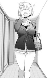 1girl aitsu_no_kanojo bag blush breasts closed_mouth female_focus highres jacket large_breasts legs long_sleeves minase_shizuku_(aitsu_no_kanojo) necktie nikumaru no_pants official_art open_mouth school_bag school_uniform shirt shirt_tucked_in short_hair solo solo_focus tears teeth thighs yawning