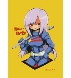 Rule 34 | 1girl, big hair, brown eyes, character name, gundam, gundam zz, hand on own hip, kuruton486, large forehead, looking to the side, over shoulder, pilot suit, purple hair, roux louka, solo