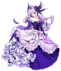 Rule 34 | 1girl, bare shoulders, blue eyes, blunt bangs, dress, elbow gloves, feathers, frilled dress, frills, gloves, gown, gwendolyn (odin sphere), light purple hair, long hair, oboro keisuke, odin sphere, purple hair, simple background, skirt hold, solo, strapless, strapless dress