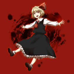 Rule 34 | 1girl, absurdres, ascot, black skirt, blonde hair, bow, brown footwear, fang, hair bow, hair ribbon, highres, long sleeves, meso, open mouth, outstretched arms, red background, red bow, red eyes, ribbon, rumia, shirt, shoes, short hair, skirt, socks, solo, touhou, vest, white shirt