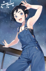 Rule 34 | 1girl, :d, arm up, armpits, black hair, blue eyes, breasts, copyright name, denim, highres, kimi wa houkago insomnia, magari isaki, night, night sky, open mouth, outdoors, overalls, samenoido, short hair, sky, small breasts, smile, standing, star (sky), starry sky