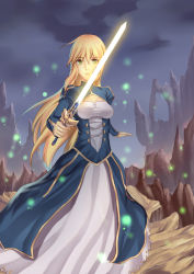 Rule 34 | 1girl, artoria pendragon (fate), bad id, bad pixiv id, blonde hair, breasts, cleavage, crow (glhtca), dress, excalibur (fate/stay night), fate/stay night, fate (series), green eyes, highres, long hair, saber (fate), solo, sword, type-moon, weapon