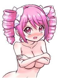Rule 34 | 1girl, blush, breasts, completely nude, covering privates, covering breasts, crossed arms, drill hair, eyebrows hidden by hair, hair ribbon, highres, hihkunhihkun, jashin-chan dropkick, large breasts, looking at viewer, navel, nude, open mouth, pink eyes, pink hair, pino (jashin-chan dropkick), ribbon, shiny skin, simple background, solo, twin drills, upper body, white background