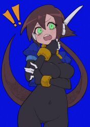 Rule 34 | !, !!, 1girl, absurdres, aile (mega man zx), arm under breasts, black bodysuit, blue background, blue jacket, blush, bodysuit, bodysuit under clothes, breasts, brown hair, buzzlyears, commentary, covered collarbone, covered navel, cropped jacket, fang, faux traditional media, finger to mouth, glowing, green eyes, highres, jacket, large breasts, long hair, looking at viewer, mega man (series), mega man zx, mega man zx advent, no pants, open clothes, open jacket, open mouth, ponytail, robot ears, simple background, solo, teeth, upper teeth only