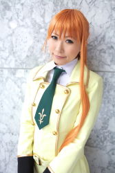 Rule 34 | 1girl, asian, blue eyes, chippi, code geass, color contacts, cosplay, highres, indoors, long hair, looking at viewer, orange hair, photo (medium), school uniform, shirley fenette, shirley fenette (cosplay), solo