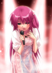 Rule 34 | 1girl, :o, beads, blurry, blurry background, blush, brown eyes, cowboy shot, dress, futaki kanata, hair beads, hair between eyes, hair bobbles, hair ornament, hand on own chest, holding, holding microphone, idol, leaning forward, little busters!, long hair, microphone, music, open mouth, pink hair, puffy short sleeves, puffy sleeves, purple hair, short sleeves, simple background, singing, solo, teeth, very long hair, white dress, yellow eyes, zen