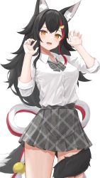 Rule 34 | 1girl, absurdres, alternate costume, animal ear fluff, animal ears, black hair, blush, bow, bowtie, claw pose, collared shirt, commentary, crossed bangs, fangs, food-themed hair ornament, grey bow, grey bowtie, grey skirt, hair ornament, hands up, highres, hololive, lemon hair ornament, long hair, long sleeves, looking at viewer, multicolored hair, norio (noriosub), ookami mio, open mouth, orange eyes, plaid, plaid bow, plaid bowtie, plaid skirt, pleated skirt, red hair, school uniform, shirt, shirt tucked in, sidelocks, simple background, skirt, sleeves rolled up, smile, solo, streaked hair, tail, tail around own leg, teeth, upper teeth only, virtual youtuber, white background, white shirt, wolf ears, wolf girl, wolf tail