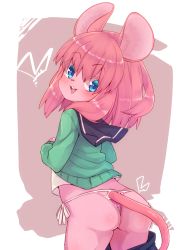 Rule 34 | 1girl, animal ears, ass, blue eyes, blue skirt, clothes lift, clothes pull, clothing cutout, commentary, from behind, furry, furry female, green sweater, highres, lifted by self, looking back, mouse ears, mouse girl (yuuki (yuyuki000)), mouse tail, open mouth, original, panties, pink hair, pink panties, school uniform, serafuku, shirt, short hair, side-tie panties, skirt, skirt pull, smile, solo, sweater, sweater lift, tail, tail through clothes, underwear, white shirt, yuuki (yuyuki000)