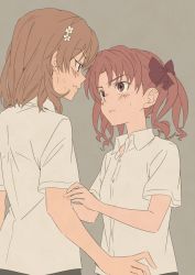 Rule 34 | 2girls, blush, bow, brown eyes, brown hair, commentary, embarrassed, eye contact, flower, hair bow, hair flower, hair ornament, highres, isshou, looking at another, medium hair, misaka mikoto, multiple girls, nervous, profile, shirai kuroko, shirt, simple background, sweatdrop, toaru majutsu no index, twintails, upper body, wavy mouth, white shirt, yuri