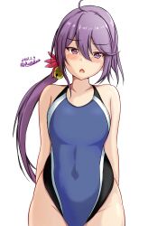 Rule 34 | 1girl, akebono (kancolle), alternate breast size, alternate costume, bell, black one-piece swimsuit, blue necktie, blue one-piece swimsuit, breasts, competition swimsuit, dated, flower, hair bell, hair flower, hair ornament, highleg, highleg swimsuit, highres, jingle bell, kantai collection, long hair, medium breasts, montemasa, necktie, one-hour drawing challenge, one-piece swimsuit, purple eyes, purple hair, side ponytail, swimsuit, twitter username, two-tone swimsuit, very long hair