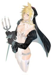 Rule 34 | 1boy, alternate costume, black gloves, blonde hair, blue eyes, blush, candle, choker, closed mouth, cloud strife, coif, crossdressing, detached sleeves, final fantasy, final fantasy vii, gloves, habit, highres, holding, holding candle stand, holding sword, holding weapon, lace-up, lace-up top, lingerie, male focus, nun, see-through, silver choker, spiked hair, sword, thighhighs, underwear, weapon, white background, xianyu314