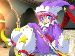 Rule 34 | 1girl, blue eyes, circus outfit, collar, hat, ikazuchi no senshi raidy, jester, jester cap, large shoes, shoes, solo, tagme