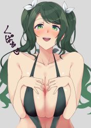 Rule 34 | 163 (shiromeshi), 1girl, :d, black one-piece swimsuit, blush, breast suppress, breasts, cleavage, collarbone, commentary, d4dj, green eyes, green hair, grey background, hair ribbon, highres, kupaa, large breasts, long hair, looking at viewer, one-piece swimsuit, open mouth, paid reward available, ribbon, shimizu esora, simple background, slingshot swimsuit, smile, solo, sound effects, spread cleavage, swept bangs, swimsuit, twintails, upper body, wavy hair, white ribbon