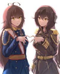 Rule 34 | aiguillette, azur lane, belt, blue coat, brown coat, brown hair, buttons, coat, crossover, double-breasted, edoshiyakata (oshiro project), epaulettes, gold trim, hair between eyes, heart, heart hands, heart hands duo, highres, horns, long hair, looking at another, medal, mikasa (azur lane), military, military uniform, naval uniform, oshiro project:re, sauvignon, simple background, standing, uniform, white background, yellow eyes