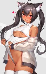 Rule 34 | 1girl, absurdres, ahoge, animal ear fluff, animal ears, bare shoulders, black hair, blush, breasts, cowboy shot, dark-skinned female, dark skin, fang, grey jacket, hair between eyes, heart, highres, jacket, leotard, leotard lift, lifting own clothes, long hair, looking at viewer, mathew (srmmk mce), navel, off shoulder, open clothes, open jacket, open mouth, original, red eyes, see-through, simple background, skin fang, skindentation, small breasts, smile, solo, standing, stomach, tail, thighhighs, twintails, underboob, wedgie, white leotard, white thighhighs, zipper