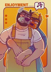 Rule 34 | 2boys, absurdres, artist request, bara, couple, cowboy shot, dog mask, heart, highres, hug, hug from behind, male focus, multiple boys, muscular, muscular male, musical note, original, short hair, spoken musical note, standing, thick eyebrows, yaoi, yellow overalls