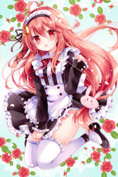 Rule 34 | 10s, 1girl, :o, ahoge, apron, black footwear, blush, crescent, crescent hair ornament, dress, dress tug, floral background, flower, frilled apron, frilled sleeves, frilled thighhighs, frills, full body, hair ornament, kantai collection, long hair, long sleeves, looking at viewer, low-tied long hair, maid, maid apron, maid headdress, neck ribbon, nogi takayoshi, rabbit hair ornament, red eyes, red hair, ribbon, shoes, solo, thighhighs, uzuki (kancolle), white thighhighs